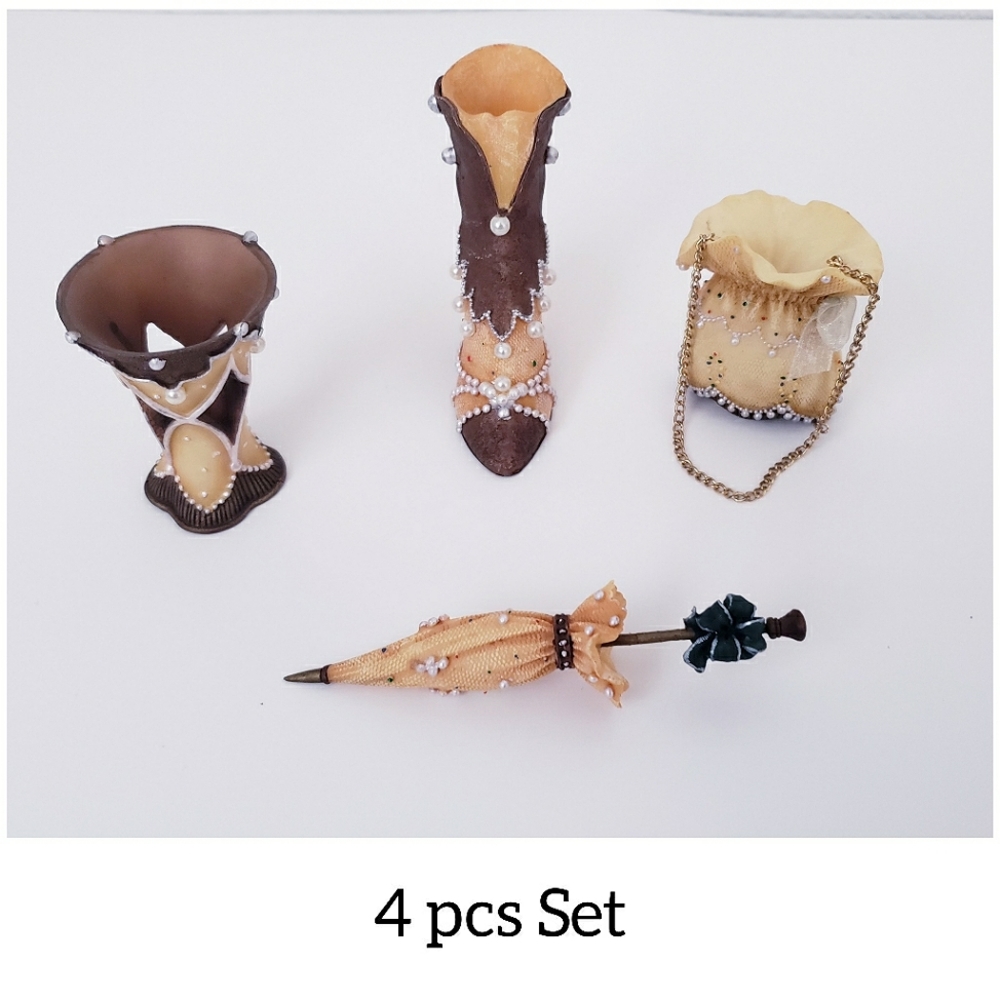 Victorian Style Resin Shoe, Purse Umbrella Steampunk Jester Boot figurine 4pcs.
